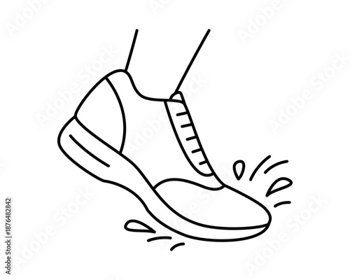 Foot wearing sneaker stepping into water. Shoe waterproofing, water repellent protection, and footwear care product advertisement. Vector line illustration