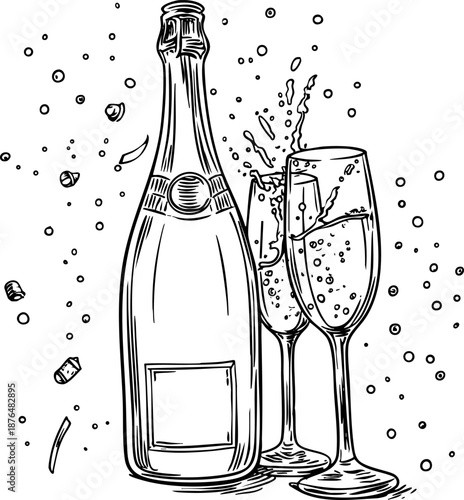 Champagne bottle with two glasses splashing bubbly contents.