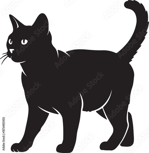 American Shorthair cat sitting silhouette black and white vector illustration isolated transparent background, logo, cut out or cutout t-shirt print design,  poster, baby products, packaging design