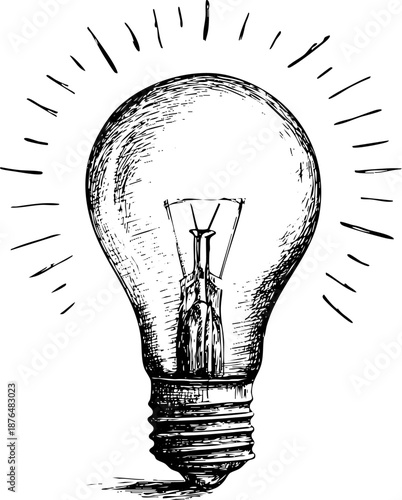Hand-drawn vintage light bulb with rays emanating from it.