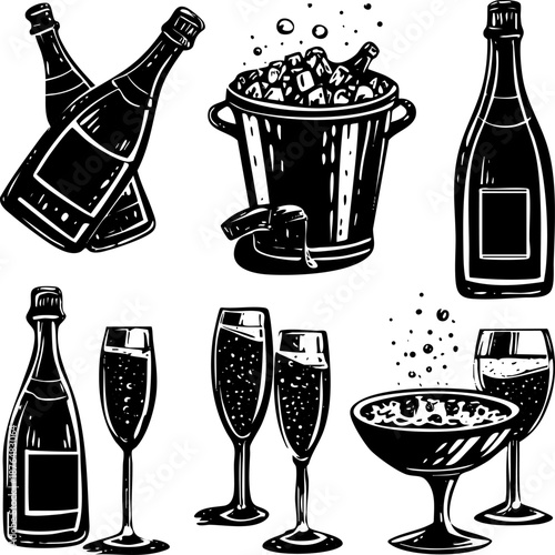 Illustration of champagne bottles glasses and an ice bucket.