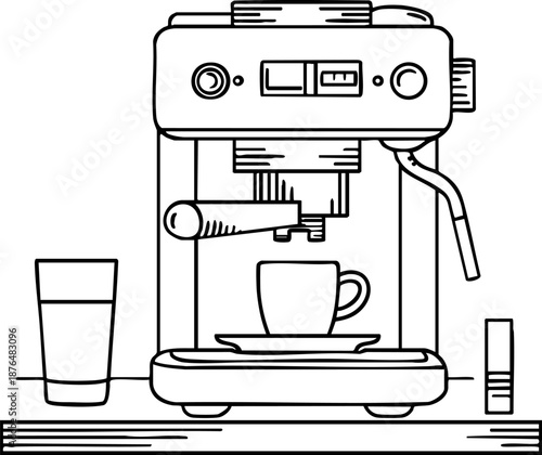 Minimalist outline drawing of an espresso machine and cup.