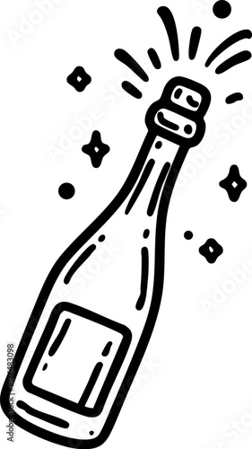 Minimalist illustration of a champagne bottle with sparkling effects.