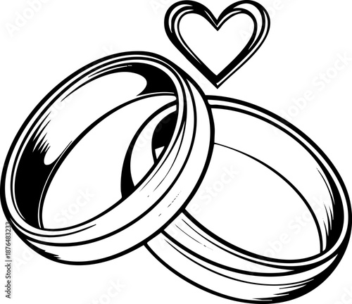 Two wedding rings with a heart symbol above them.