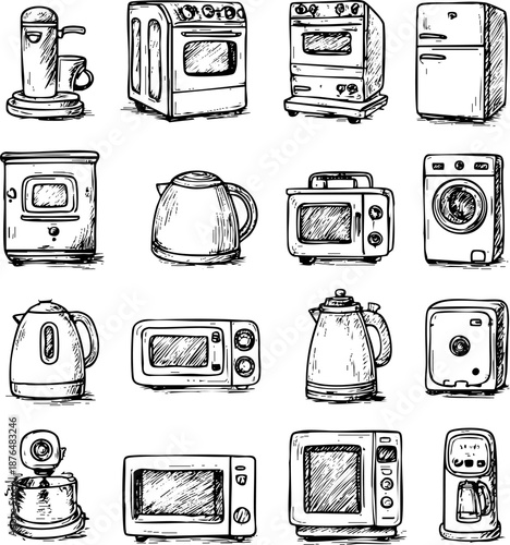Various kitchen appliances illustrated in a detailed sketch style.