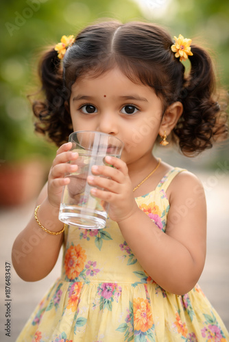 A young toddler girl is drinking water from a glass 