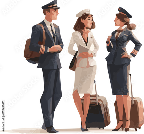 Create a realistic Flight crew consisting of pilots and flight attendants with travel bags standing and talking vector art with white background.