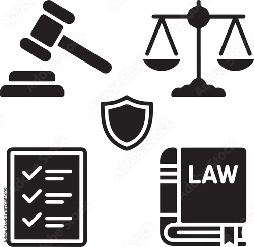 Isolated need kinds of Law and justice solid icon set. Legal symbols for court and ethics, including judge gavel, balance scale, shield, compliance checklist, and law book. Vector glyphs on without 