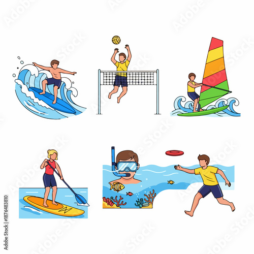 Summer Water and Beach Sports Collection: Surfing, Windsurfing, Snorkeling, Paddleboarding, Volleyball, and Frisbee Activities Line Art Illustration Set