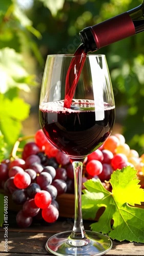 Red wine pouring from a bottle into a glass with a bunch of grapes on a wooden table, against a green leafy background on a sunny day