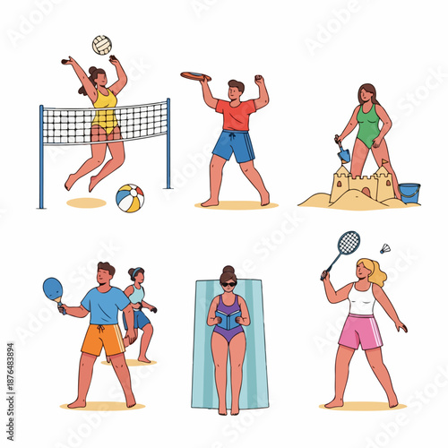 Cartoon set of people engaging in diverse summer beach activities, including playing sports, building sandcastles, and sunbathing with a book.