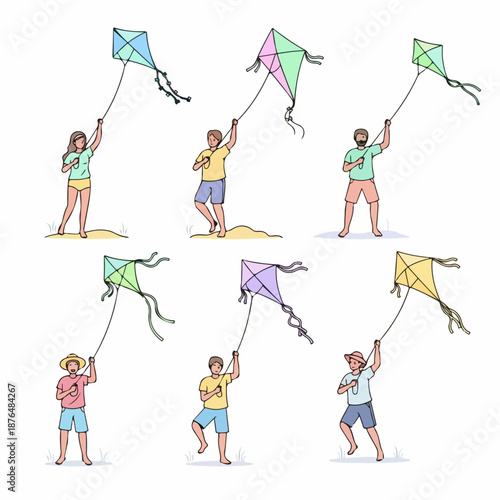 Hand-drawn collection of diverse people flying colorful kites in the summer, isolated on a white background.
