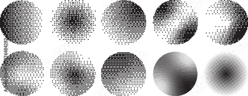 Set of Circle pixel halftone. Collection of round shapes dotted vector halftones.