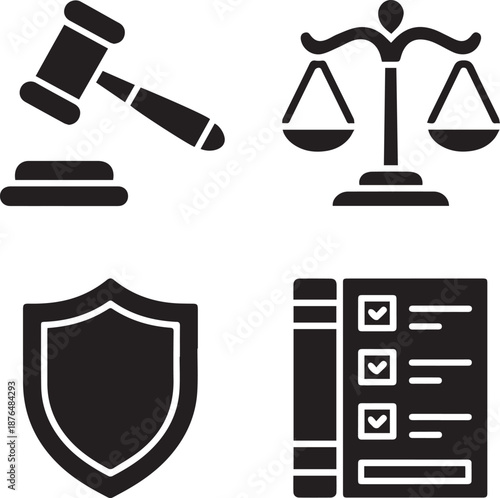 Isolated need kinds of Law and justice solid icon set. Legal symbols for court and ethics, including judge gavel, balance scale, shield, compliance checklist, and law book. Vector glyphs on without 