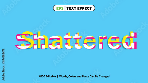 Colorful layered shattered text effect in glitch style with vibrant yellow white and pink offset letters on bright blue background for graphic design