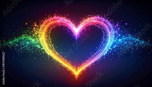 A glowing multicolored heart made of swirling light and radiant energy floats against a dark backdrop—evoking passion, unity, and emotional intensity in a vibrant, cosmic visual burst.