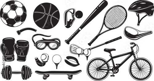 Collection of various sports equipment and accessories icons