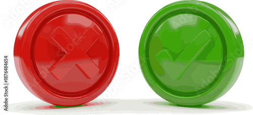Create a Right and wrong, acceptance and rejection concept. Round icons buttons with a check mark and cross. 3d rendering vector art with white background.