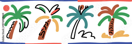 Hand drawn cartoon palm tree collection featuring four unique tropical styles perfect for summer designs branding posters stickers social media travel themes and creative graphic projects