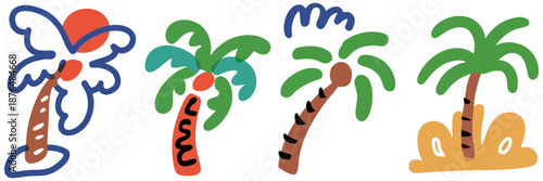 Hand drawn cartoon palm tree collection featuring four unique tropical styles perfect for summer designs branding posters stickers social media travel themes and creative graphic projects