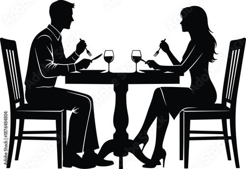 Romantic dinner date couple silhouette illustration showing man and woman dining with wine at restaurant table isolated on white background