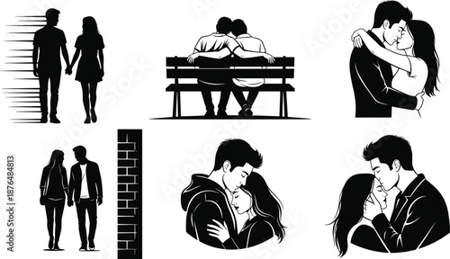 Romantic couple silhouette illustration set showing walking, sitting, hugging, and kissing lovers isolated on white background for love relationship concepts