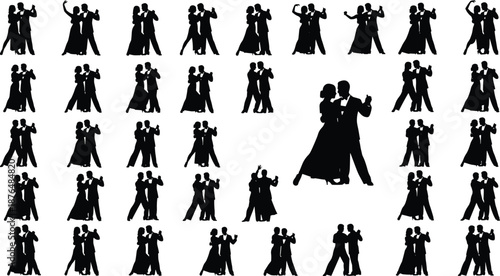 Elegant ballroom dancing couple silhouette set featuring multiple waltz and tango poses of formal partners isolated on white background