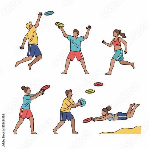 A group of young people playing frisbee outdoors, running, jumping, and catching the flying disc in a set of dynamic vector illustrations.