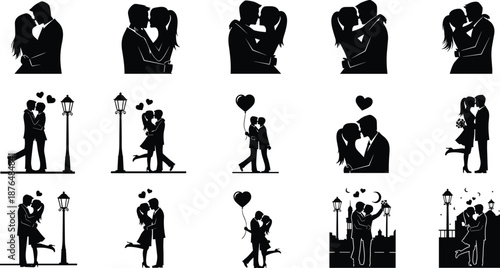 Romantic couple silhouette set featuring kissing lovers, hugging pairs, and love scenes isolated on white background for Valentine design concepts