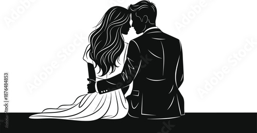 Romantic couple silhouette sitting closely together, expressing love, trust and emotional intimacy in an elegant modern relationship illustration