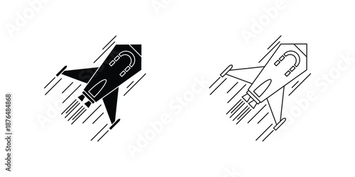 This silhouette icon illustrates a dynamic rocket in rapid motion, shown in two contrasting styles: solid black and outlined line art