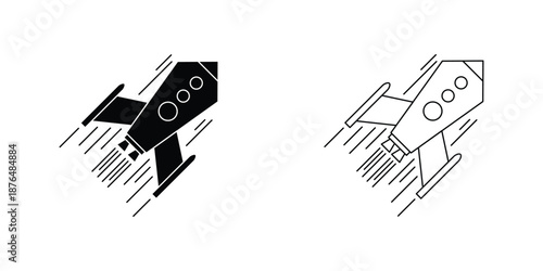 This silhouette icon illustrates a dynamic rocket in rapid motion, shown in two contrasting styles: solid black and outlined line art