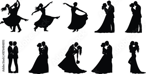 Elegant wedding and dancing couple silhouette collection featuring romantic ballroom poses, kissing bride and groom moments, love and graceful celebration