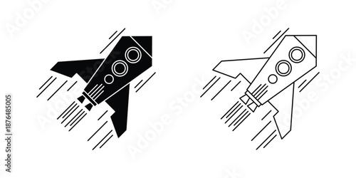 This silhouette icon illustrates a dynamic rocket in rapid motion, shown in two contrasting styles: solid black and outlined line art