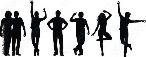 People silhouette pose collection featuring standing, walking and dancing figures, expressing movement, freedom, confidence and lifestyle gestures isolated on white background