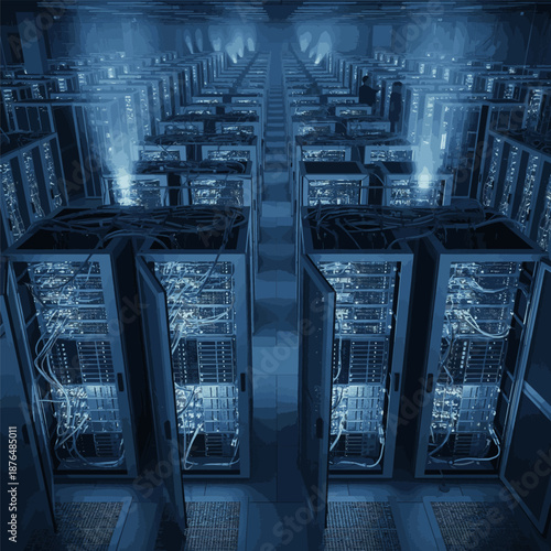 Create a realistic Server racks in server room data center - Cloud Computing, Artificial Intelligence, Database Concept vector art.
