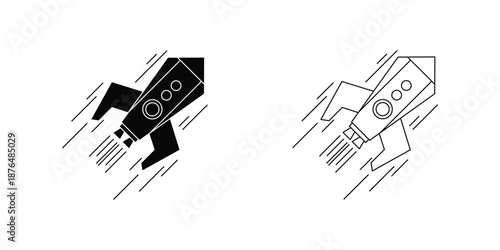 This silhouette icon illustrates a dynamic rocket in rapid motion, shown in two contrasting styles: solid black and outlined line art