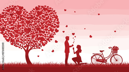 Romantic proposal silhouette under heart shaped tree with bicycle, floating hearts and dreamy sky expressing love, engagement and Valentine romance