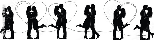 Romantic couple silhouette set with heart line elements, showing kissing and hugging lovers expressing love, connection and Valentine romance