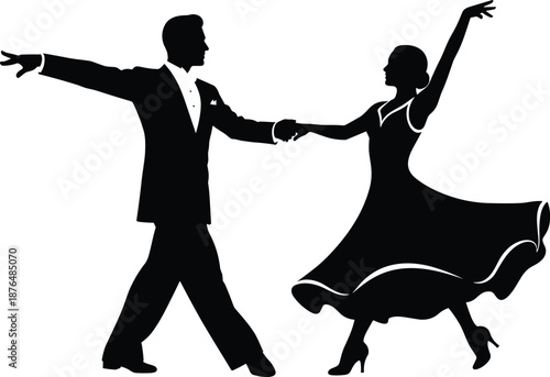 Elegant ballroom dancing couple silhouette performing graceful waltz movement, expressing romance, harmony and classic love in timeless dance illustration
