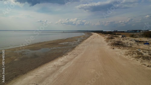 Drone footage shows the beach and waterfront of Parnu, a coastal city in Estonia, with urban and natural scenery.
