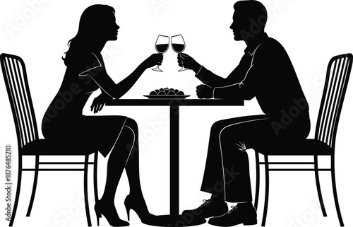 Romantic couple silhouette enjoying candlelight dinner, clinking wine glasses and sharing intimate moments of love and elegant relationship