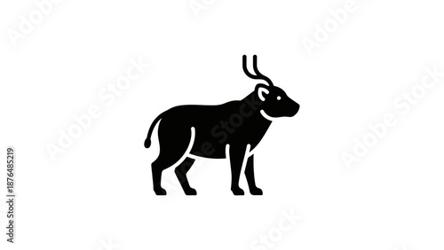 Black Silhouette of a Standing Bull with Small Antlers on White Background