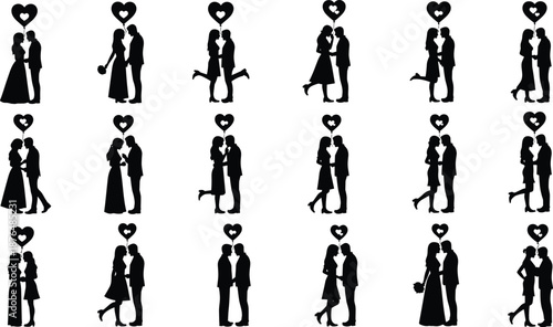 Romantic couple silhouette collection with heart balloons, showing kissing, hugging and affectionate poses for Valentine love and relationship concepts
