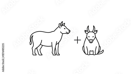 Cartoon Style Ox and Bull Icons with Plus Sign, Simple Line Art