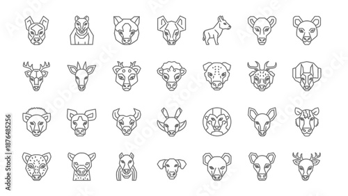 Collection of Animal Head Icons: Wildlife and Domesticated Creatures Line Art