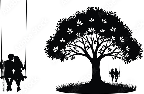 Romantic couple silhouette sitting on swings near a large tree, symbolizing love, memories, togetherness and peaceful nature romance