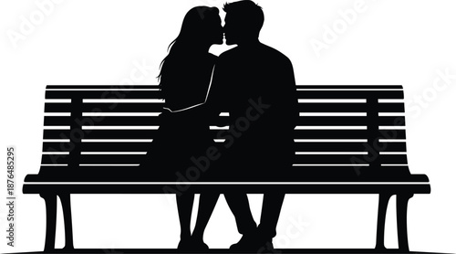 Romantic couple silhouette kissing on a park bench, expressing love, intimacy and peaceful relationship moments isolated on white background