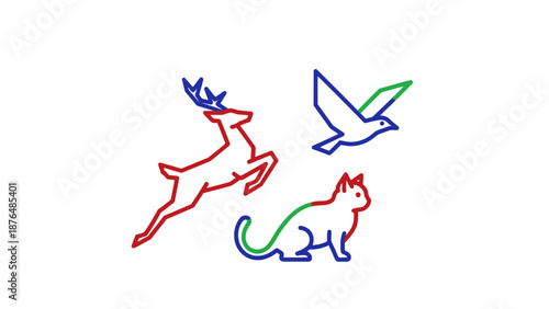 Colorful Line Art Animals: Deer, Cat, and Bird - Simple Vector Icons