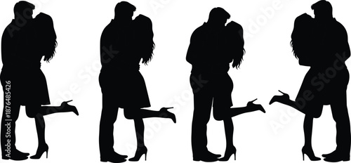 Romantic couple silhouette collection showing affectionate hugging and kissing poses, expressing love, intimacy and emotional connection isolated on white background